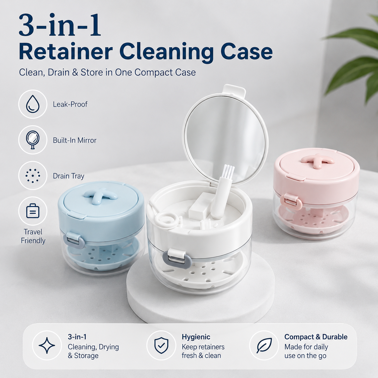🦷 50% OFF Today – 3-in-1 Retainer Cleaning Case with Mirror, Drain Tray & Travel Storage