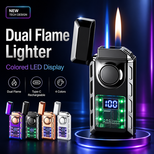 🔥Hot Sale🔥Multi-Functional Dual Flame Lighter with Colored Lights