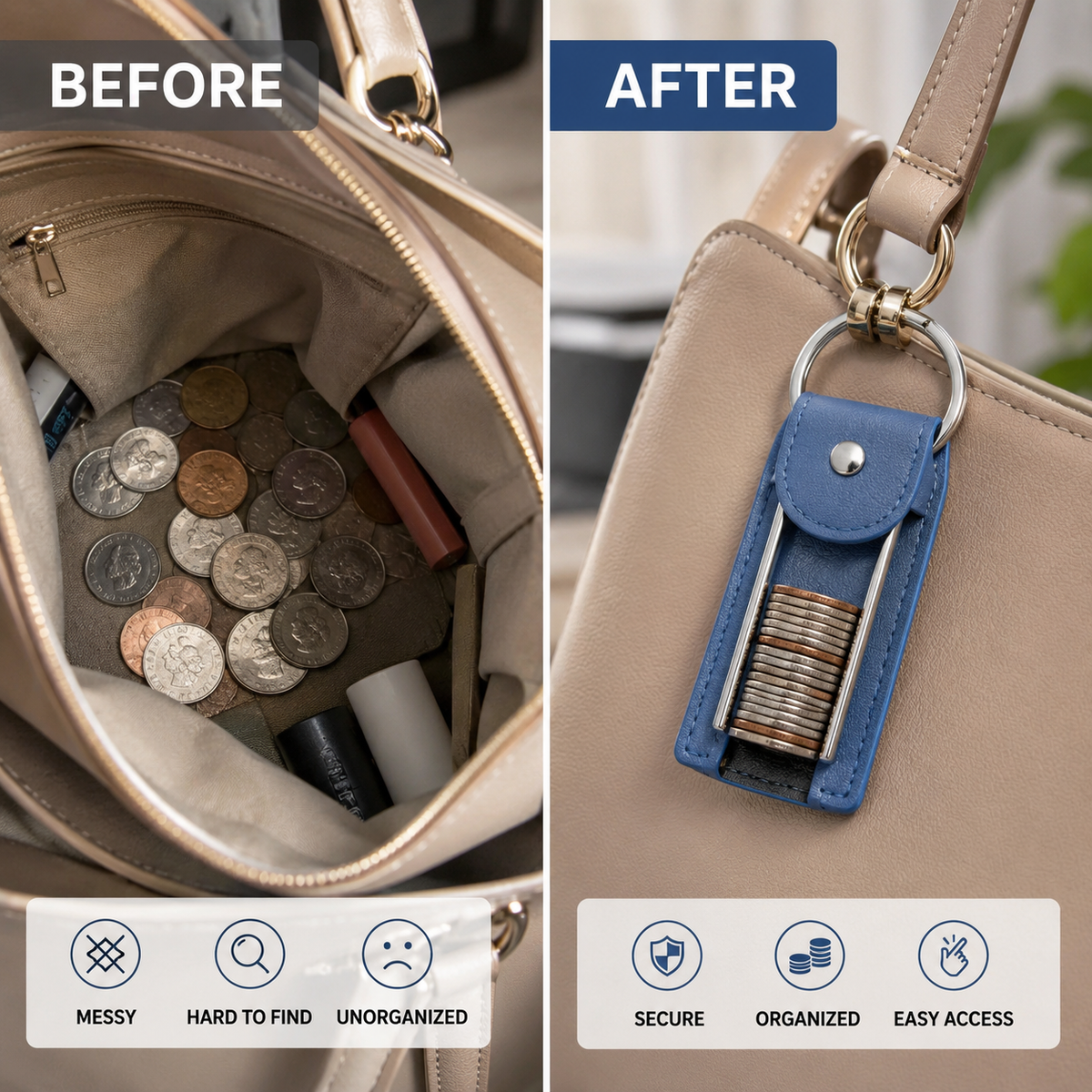 Customer holding mini coin storage keychain
