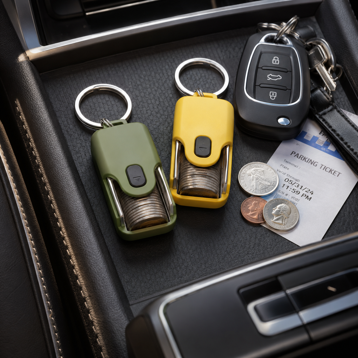 Customer using mini coin storage keychain near parking meter