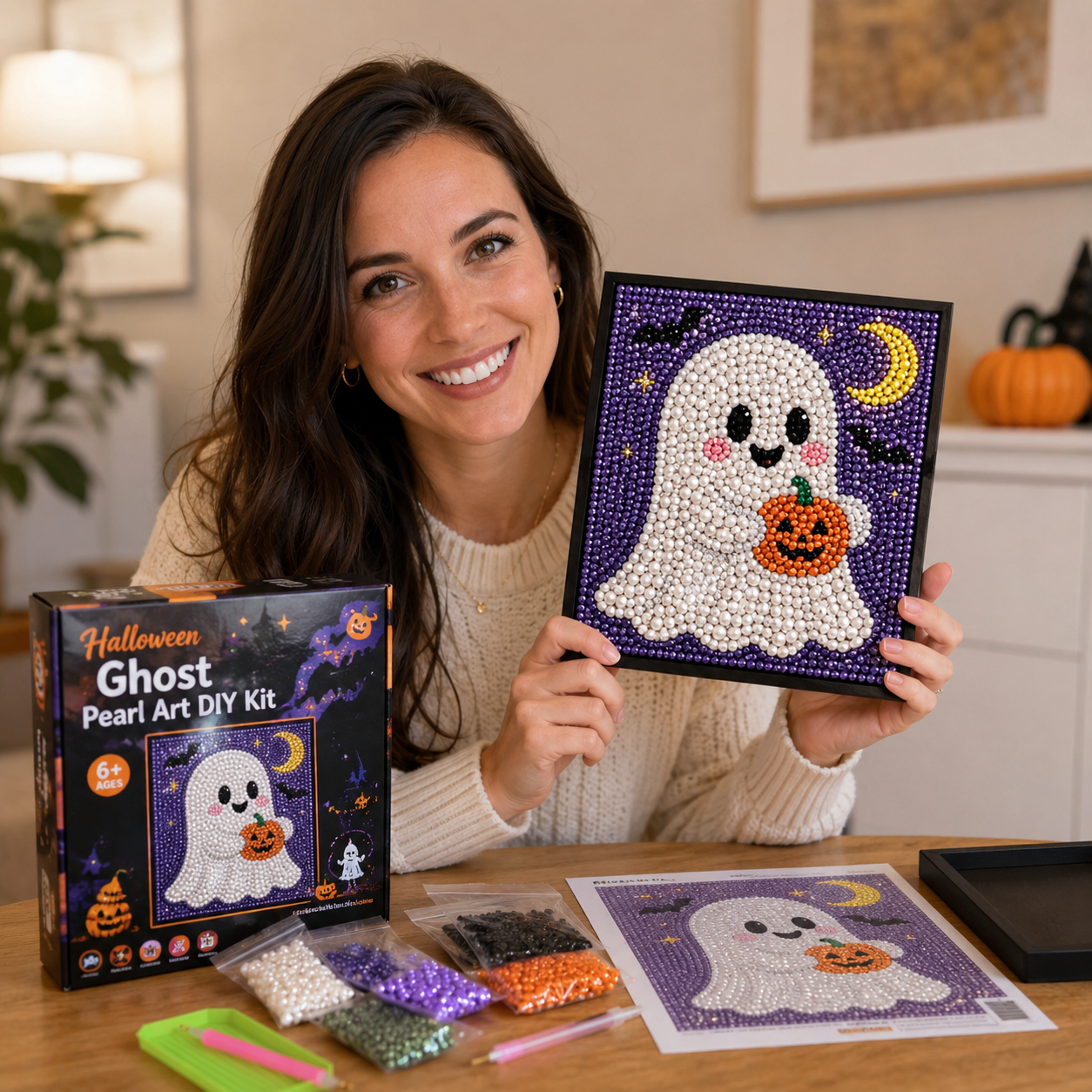 Finished Halloween ghost pearl art displayed as cozy seasonal home decor