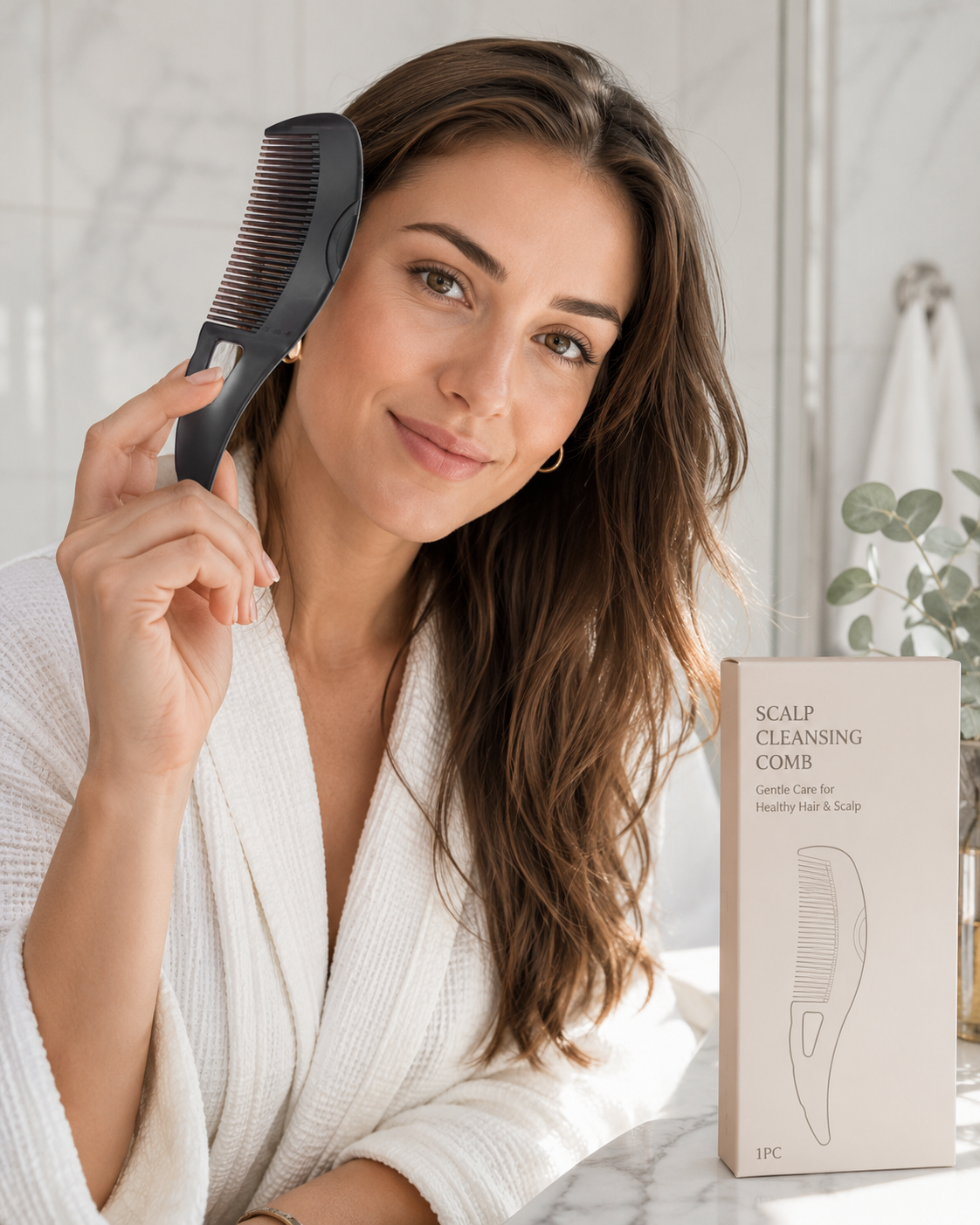 Scalp cleansing comb lifting visible oil and product buildup from the roots