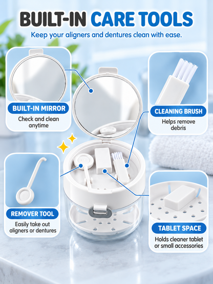 ✨ Travel Care Deal – Retainer Cleaning Case 🦷 Soak. Store & Rinse Container with Mirror & Brush for On-the-Go Use 💼