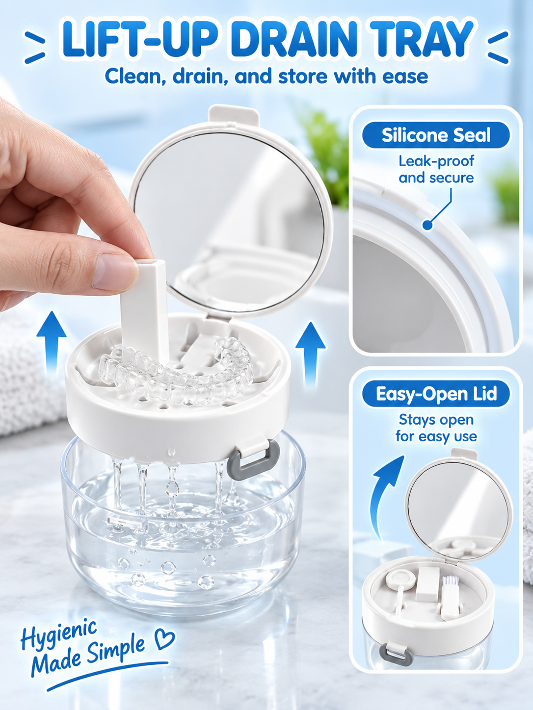 ✨ Travel Care Deal – Retainer Cleaning Case 🦷 Soak. Store & Rinse Container with Mirror & Brush for On-the-Go Use 💼