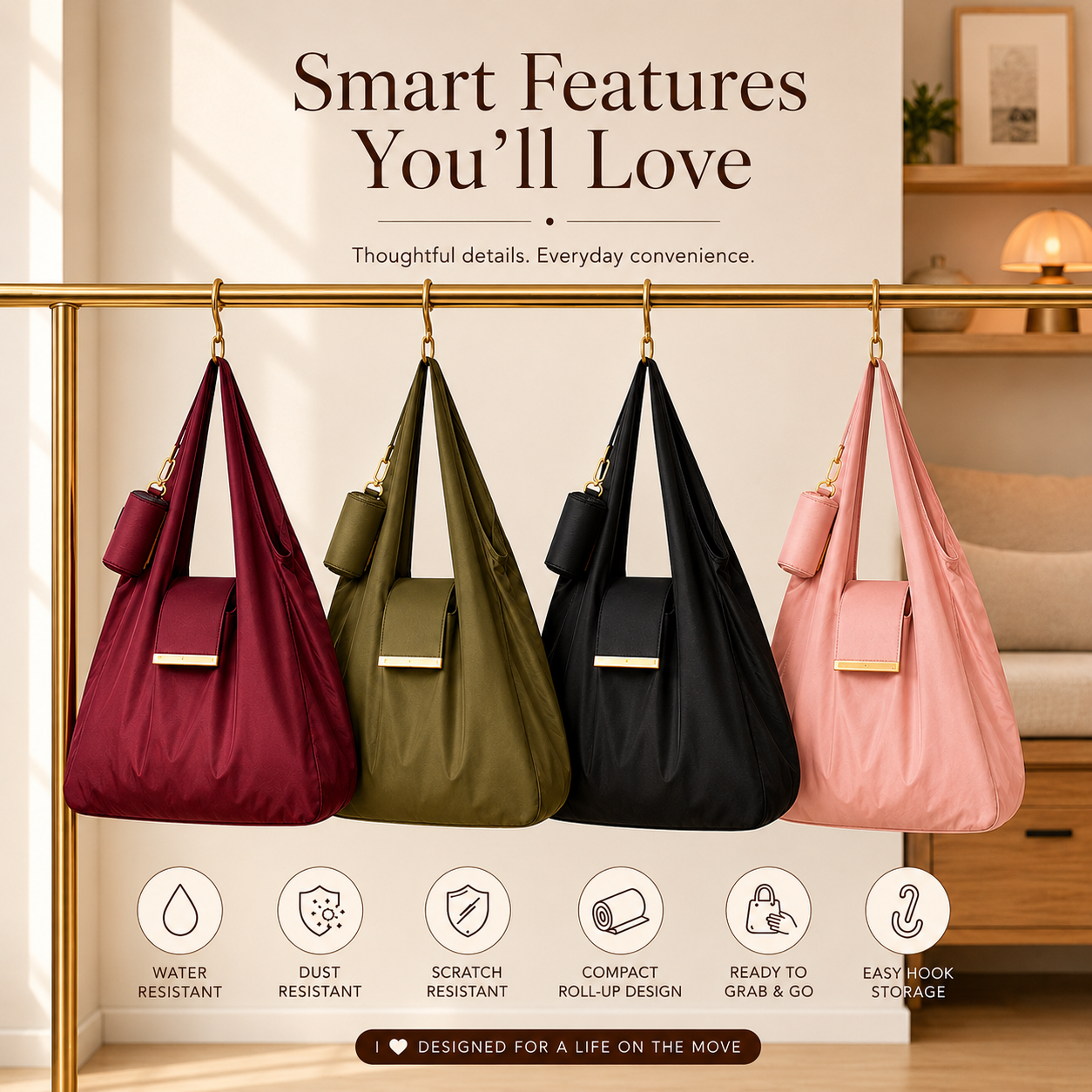 Compact Everyday Tote Bag with Roll-Up Storage Design