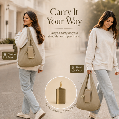 Compact Everyday Tote Bag with Roll-Up Storage Design