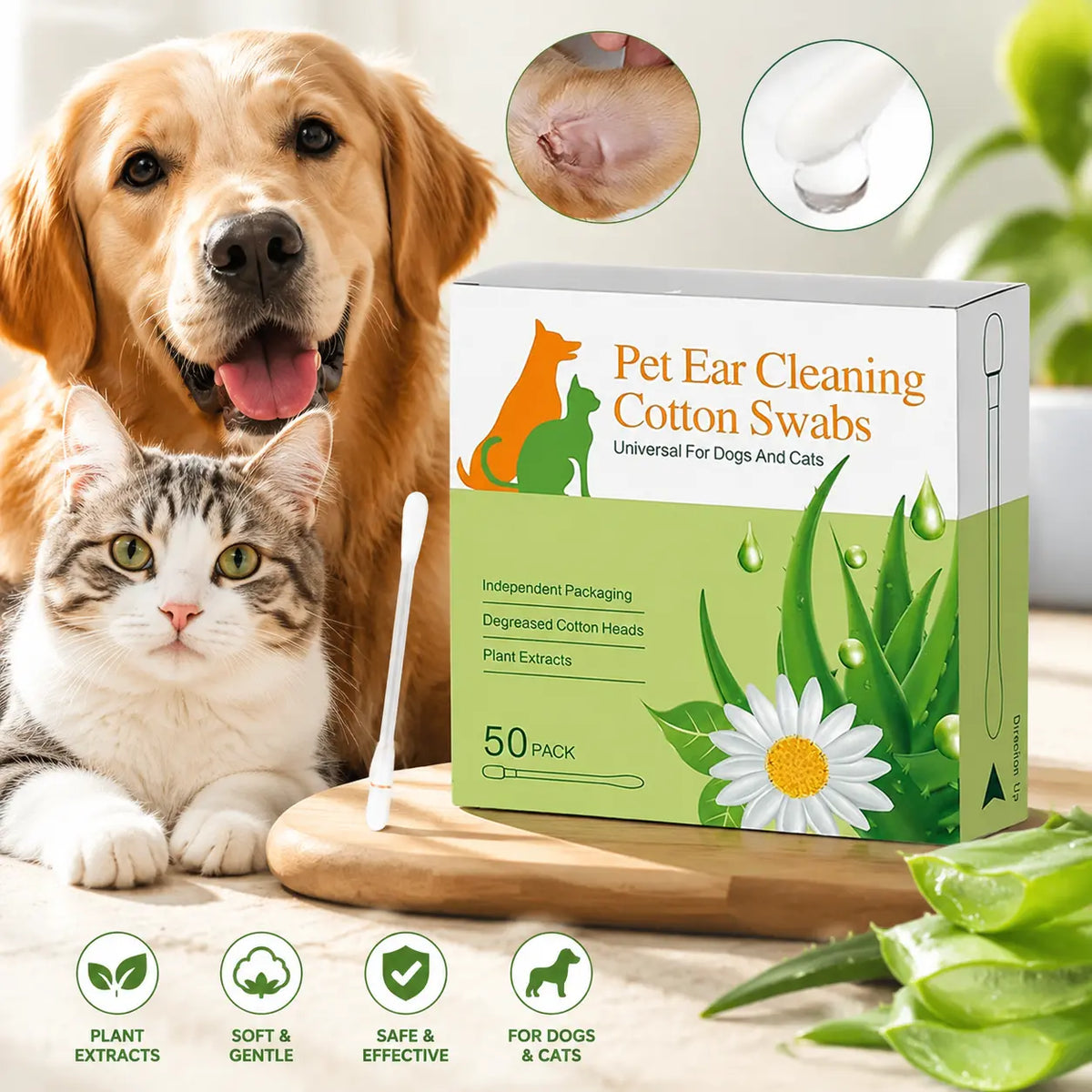 Dog & Cat Ear Cleaning Swabs - 50 Individually Wrapped Combed Cotton Cleaner, Alcohol-Free Hypoallergenic Essential Oil-Infused Gentle Formula, Soothes Itch Ears, On-the-Go Pet Grooming Supplies