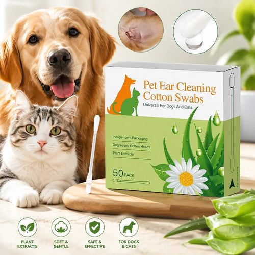 Dog & Cat Ear Cleaning Swabs - 50 Individually Wrapped Combed Cotton Cleaner, Alcohol-Free Hypoallergenic Essential Oil-Infused Gentle Formula, Soothes Itch Ears, On-the-Go Pet Grooming Supplies