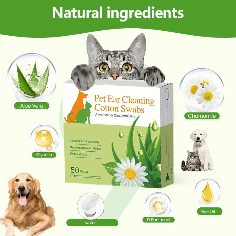 Dog & Cat Ear Cleaning Swabs - 50 Individually Wrapped Combed Cotton Cleaner, Alcohol-Free Hypoallergenic Essential Oil-Infused Gentle Formula, Soothes Itch Ears, On-the-Go Pet Grooming Supplies
