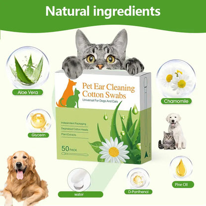 Dog & Cat Ear Cleaning Swabs - 50 Individually Wrapped Combed Cotton Cleaner, Alcohol-Free Hypoallergenic Essential Oil-Infused Gentle Formula, Soothes Itch Ears, On-the-Go Pet Grooming Supplies
