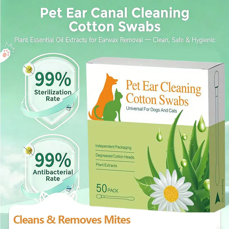 Dog & Cat Ear Cleaning Swabs - 50 Individually Wrapped Combed Cotton Cleaner, Alcohol-Free Hypoallergenic Essential Oil-Infused Gentle Formula, Soothes Itch Ears, On-the-Go Pet Grooming Supplies