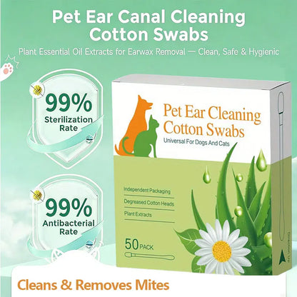 Dog & Cat Ear Cleaning Swabs - 50 Individually Wrapped Combed Cotton Cleaner, Alcohol-Free Hypoallergenic Essential Oil-Infused Gentle Formula, Soothes Itch Ears, On-the-Go Pet Grooming Supplies