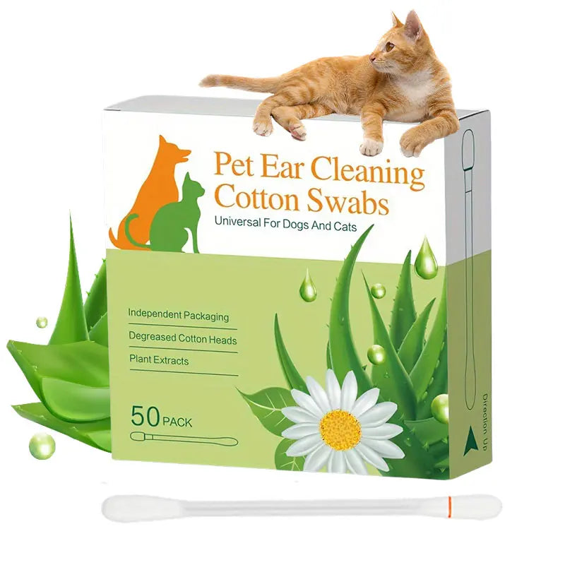 Dog & Cat Ear Cleaning Swabs - 50 Individually Wrapped Combed Cotton Cleaner, Alcohol-Free Hypoallergenic Essential Oil-Infused Gentle Formula, Soothes Itch Ears, On-the-Go Pet Grooming Supplies