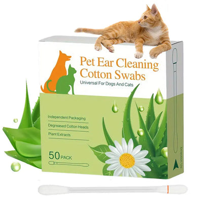 Dog & Cat Ear Cleaning Swabs - 50 Individually Wrapped Combed Cotton Cleaner, Alcohol-Free Hypoallergenic Essential Oil-Infused Gentle Formula, Soothes Itch Ears, On-the-Go Pet Grooming Supplies