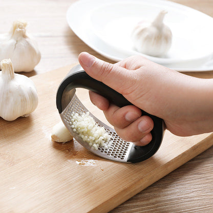 Stainless Steel Curved Garlic Rocker Press With Black Handle