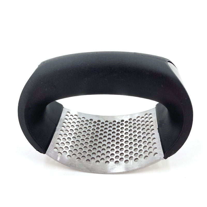 Stainless Steel Curved Garlic Rocker Press With Black Handle