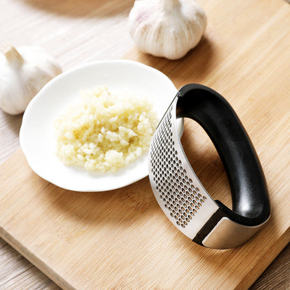 Stainless Steel Curved Garlic Rocker Press With Black Handle