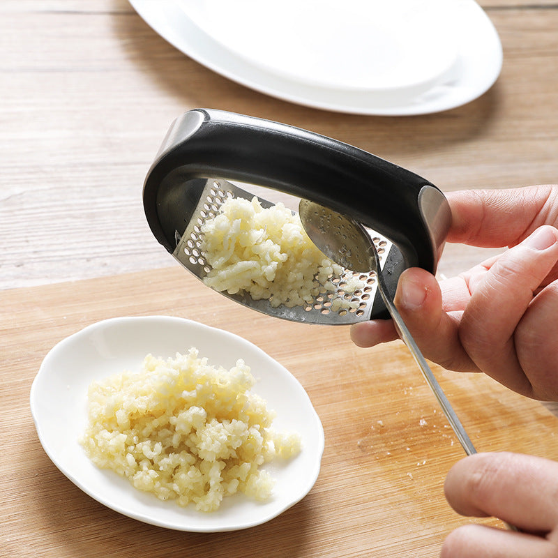 Stainless Steel Curved Garlic Rocker Press With Black Handle