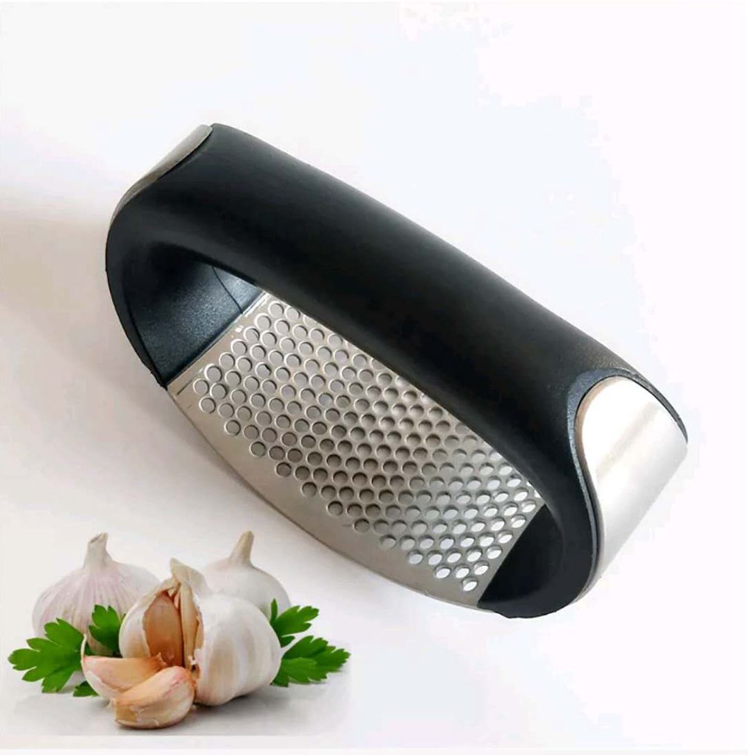 Stainless Steel Curved Garlic Rocker Press With Black Handle