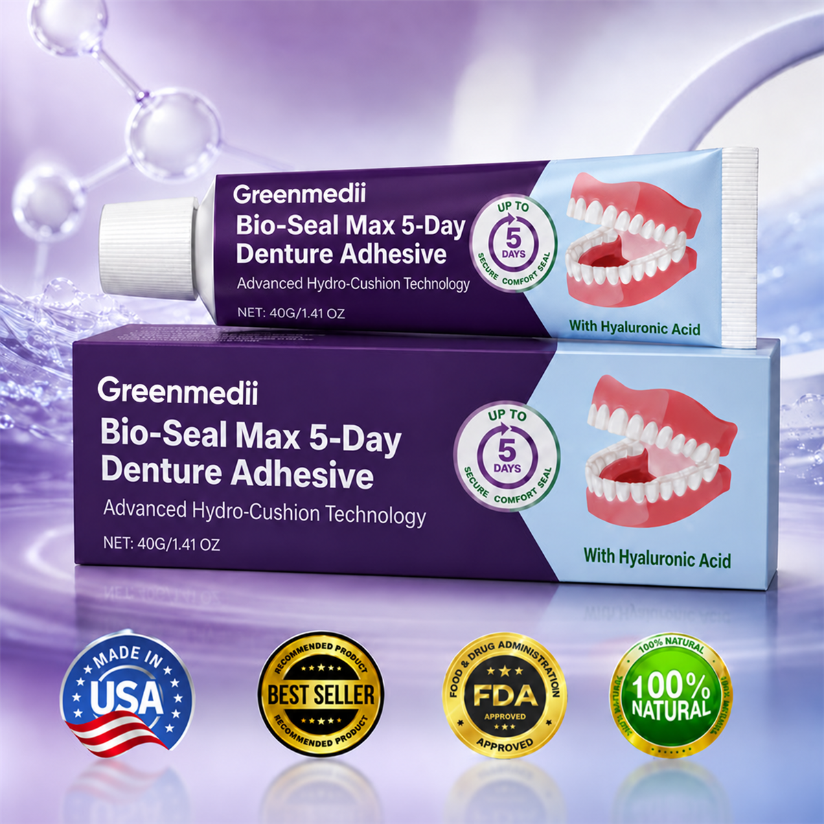 🔥100K+ SOLD🔥Greenmedii Bio-Seal Max 5-Day Denture Adhesive🦷💙
