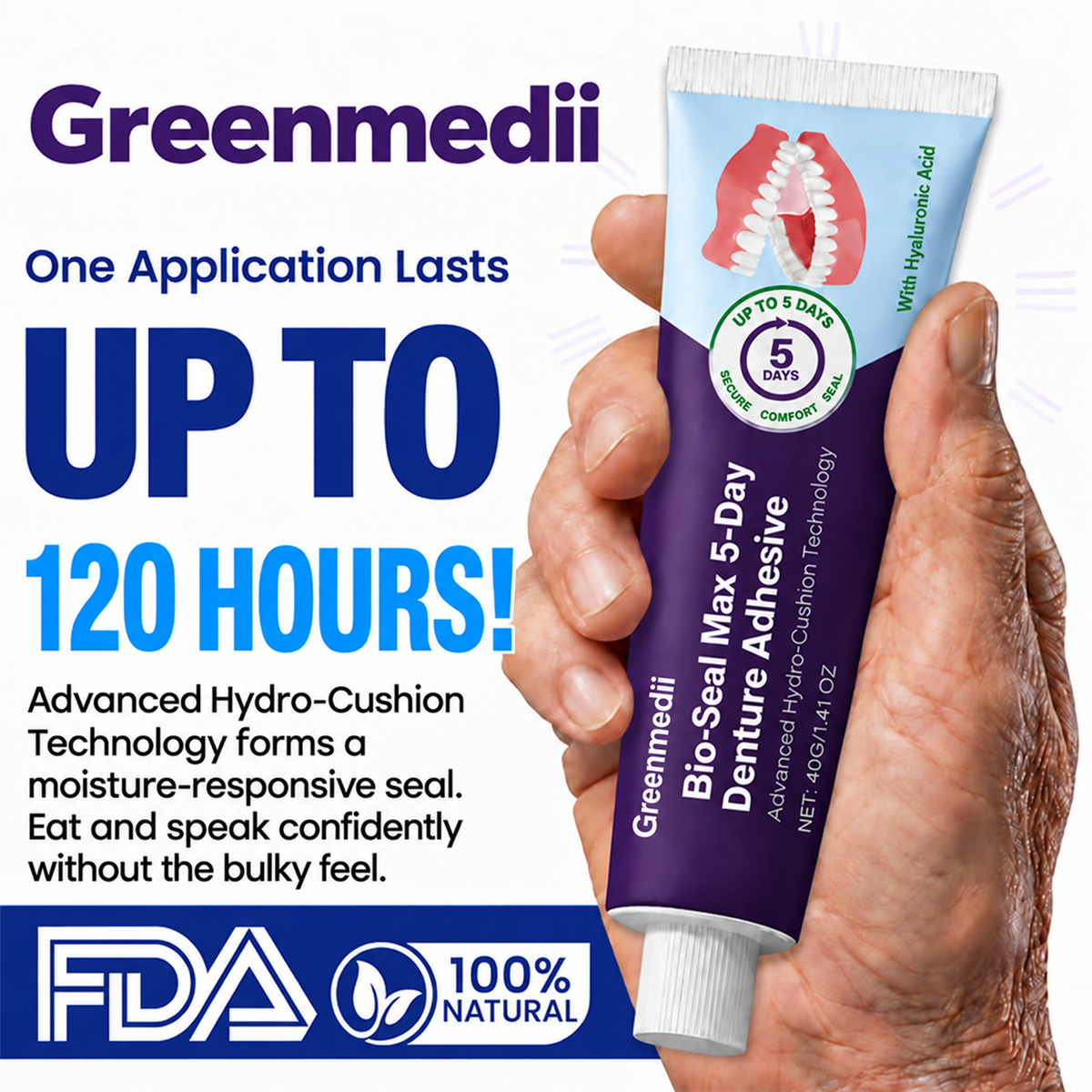 🔥100K+ SOLD🔥Greenmedii Bio-Seal Max 5-Day Denture Adhesive🦷💙
