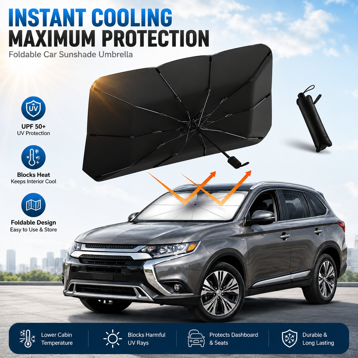 ☀️Car Sunshade – Effective Heat Insulation. UV Block & Easy Foldable Auto Windshield Protector