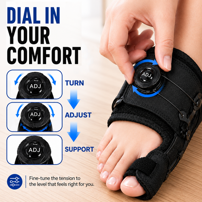 Adjustable bunion support brace dial adjustment