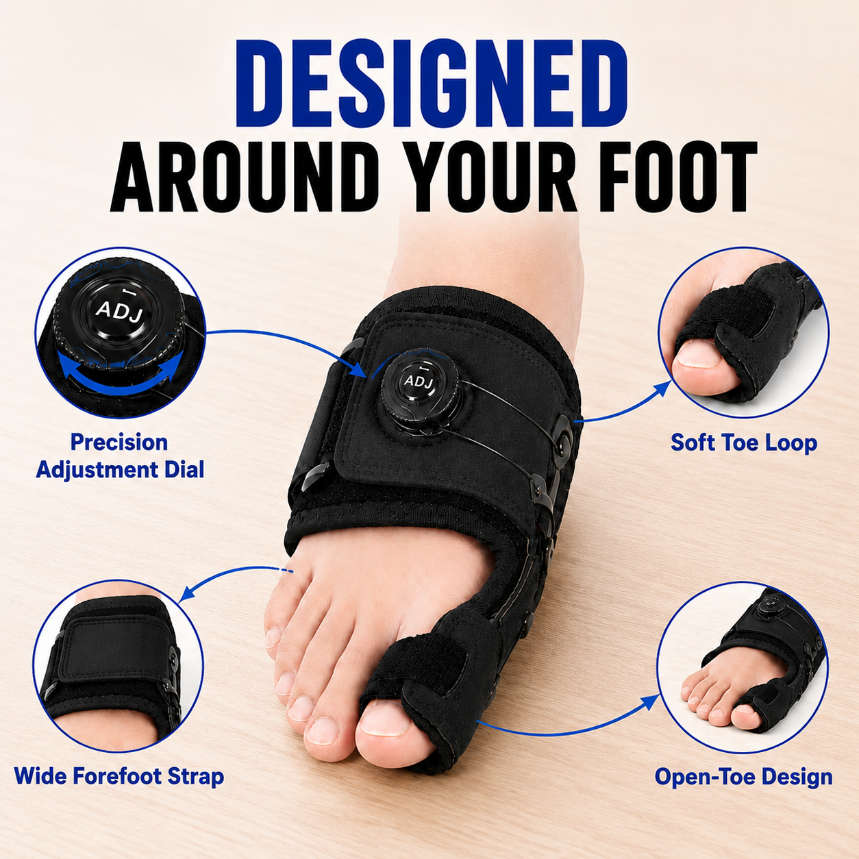 Adjustable bunion support brace foot design