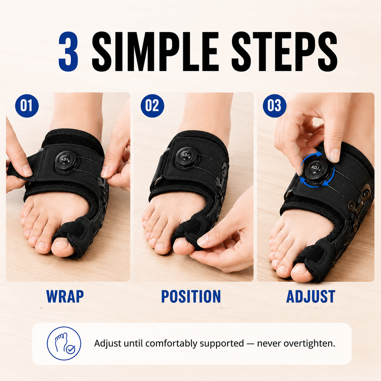 Adjustable bunion support brace three simple steps