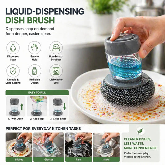 Auto-dispense dish brush with refillable soap reservoir