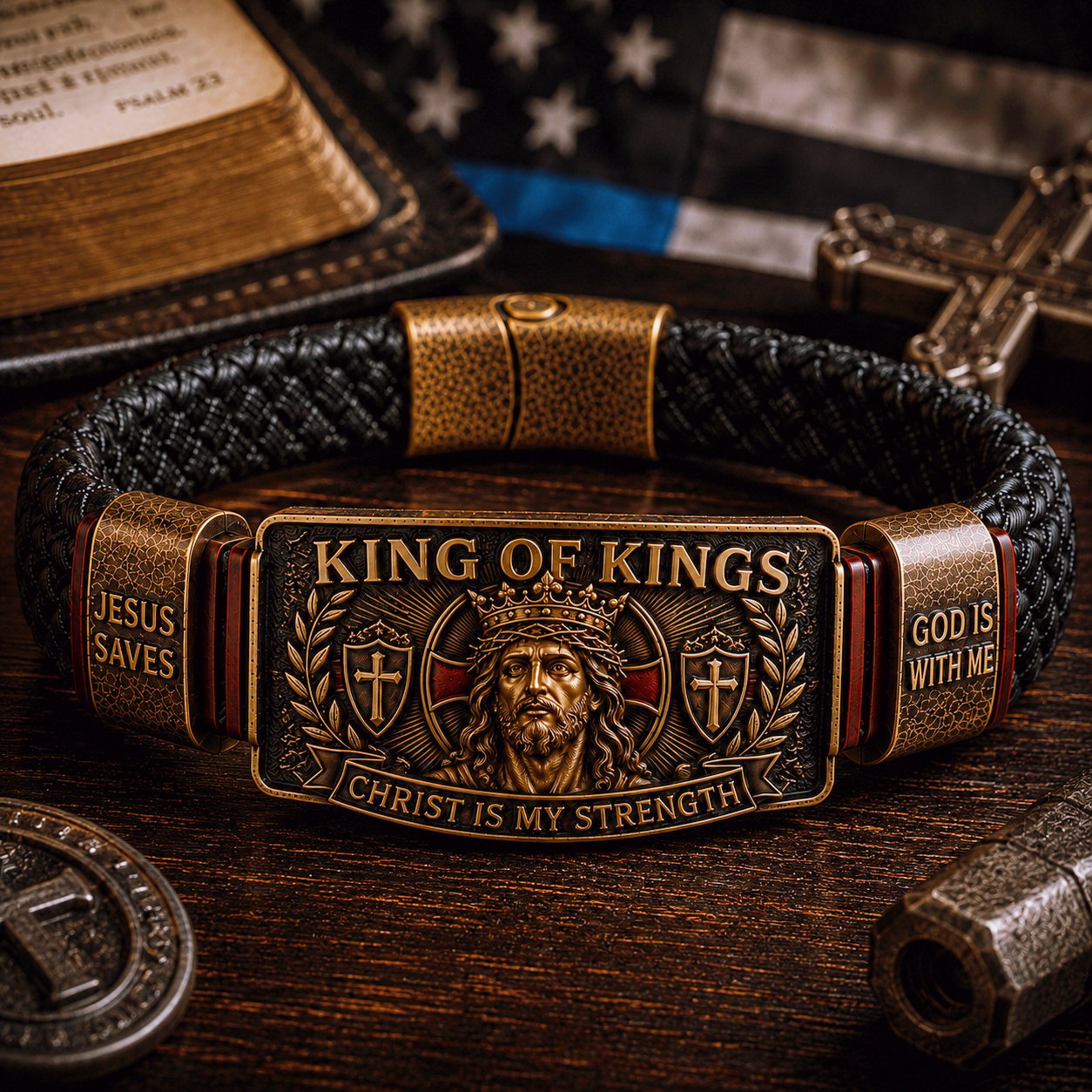 Man wearing the King of Kings Christian bracelet during an evening prayer of gratitude to Jesus