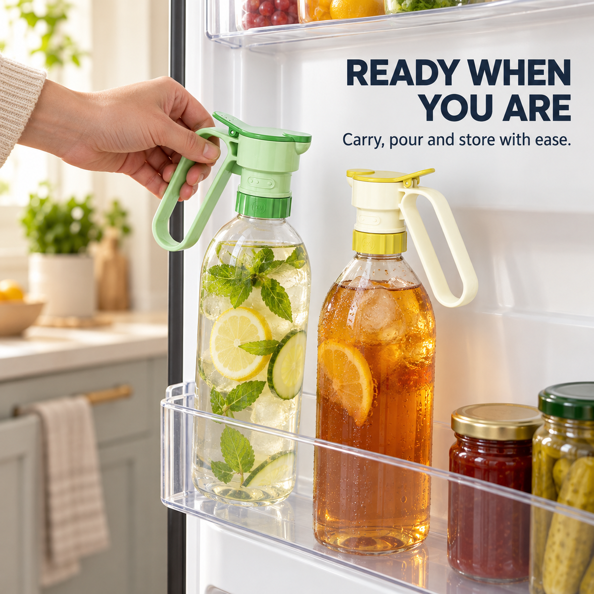 Handled bottle cap for refrigerator storage