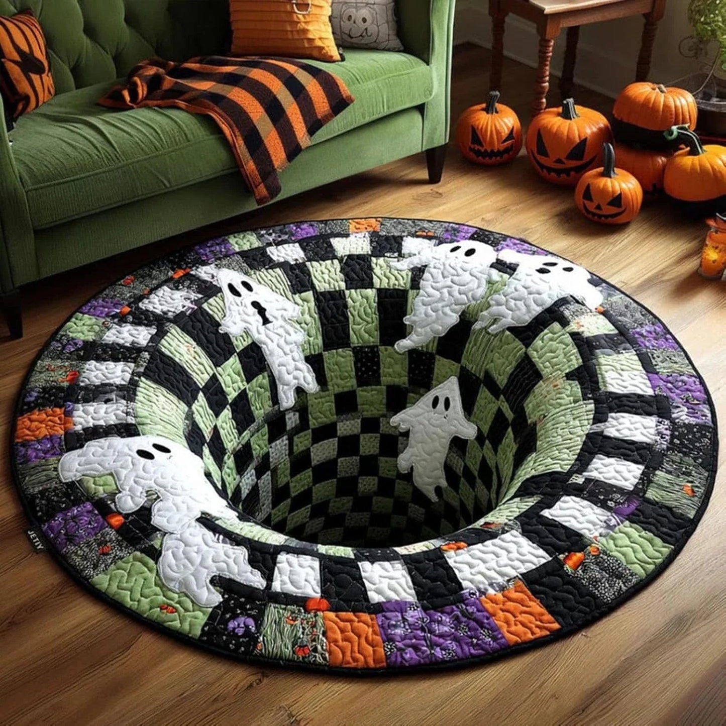 🎃3D Skeleton Vortex Quilted Round Halloween Rug