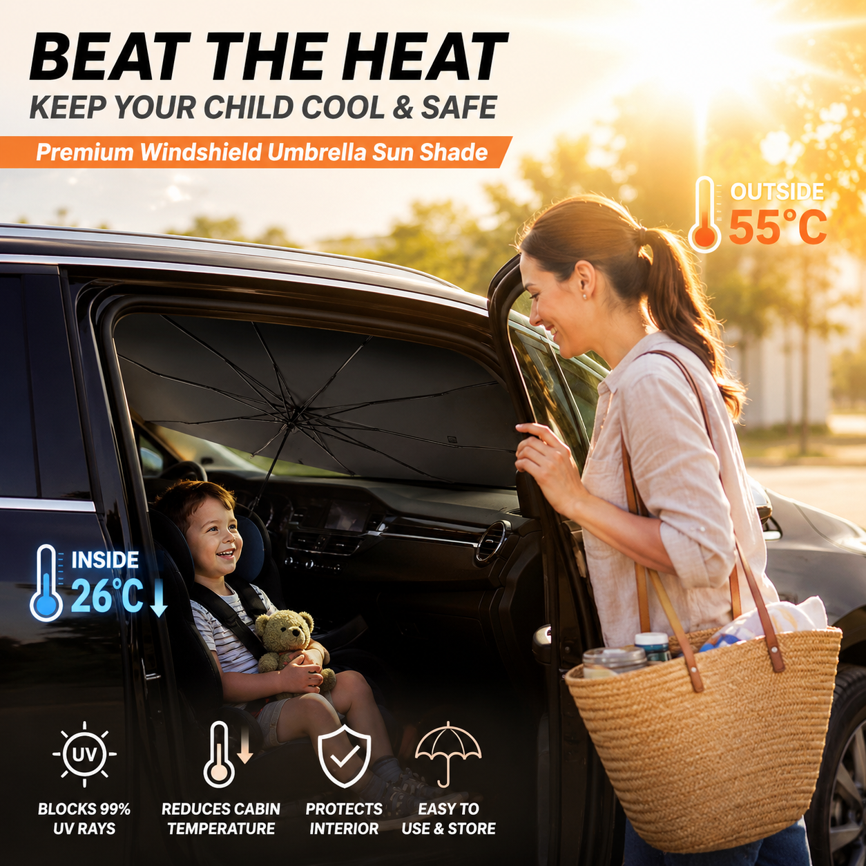 ☀️Car Sunshade – Effective Heat Insulation. UV Block & Easy Foldable Auto Windshield Protector