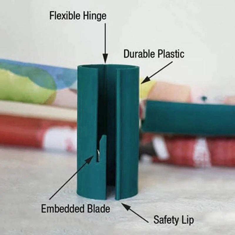 Gift wrap cutter flexible hinge embedded blade and safety lip