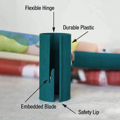 Gift wrap cutter flexible hinge embedded blade and safety lip