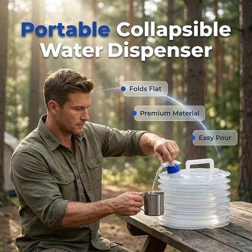 Portable collapsible water container with spigot at a campsite