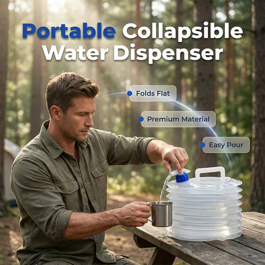 Portable collapsible water container with spigot at a campsite