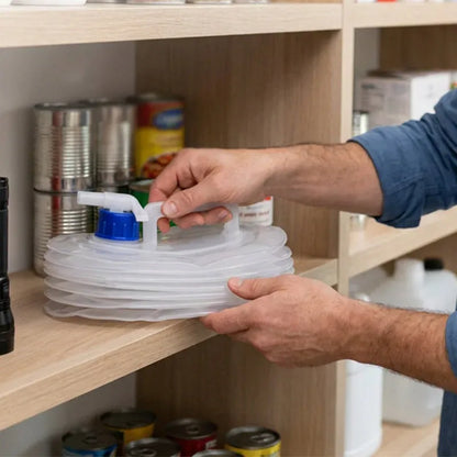 Collapsed water container stored neatly on a pantry shelf