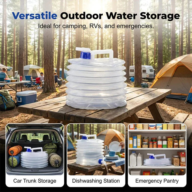 Collapsible water container for camping RV travel and emergency storage