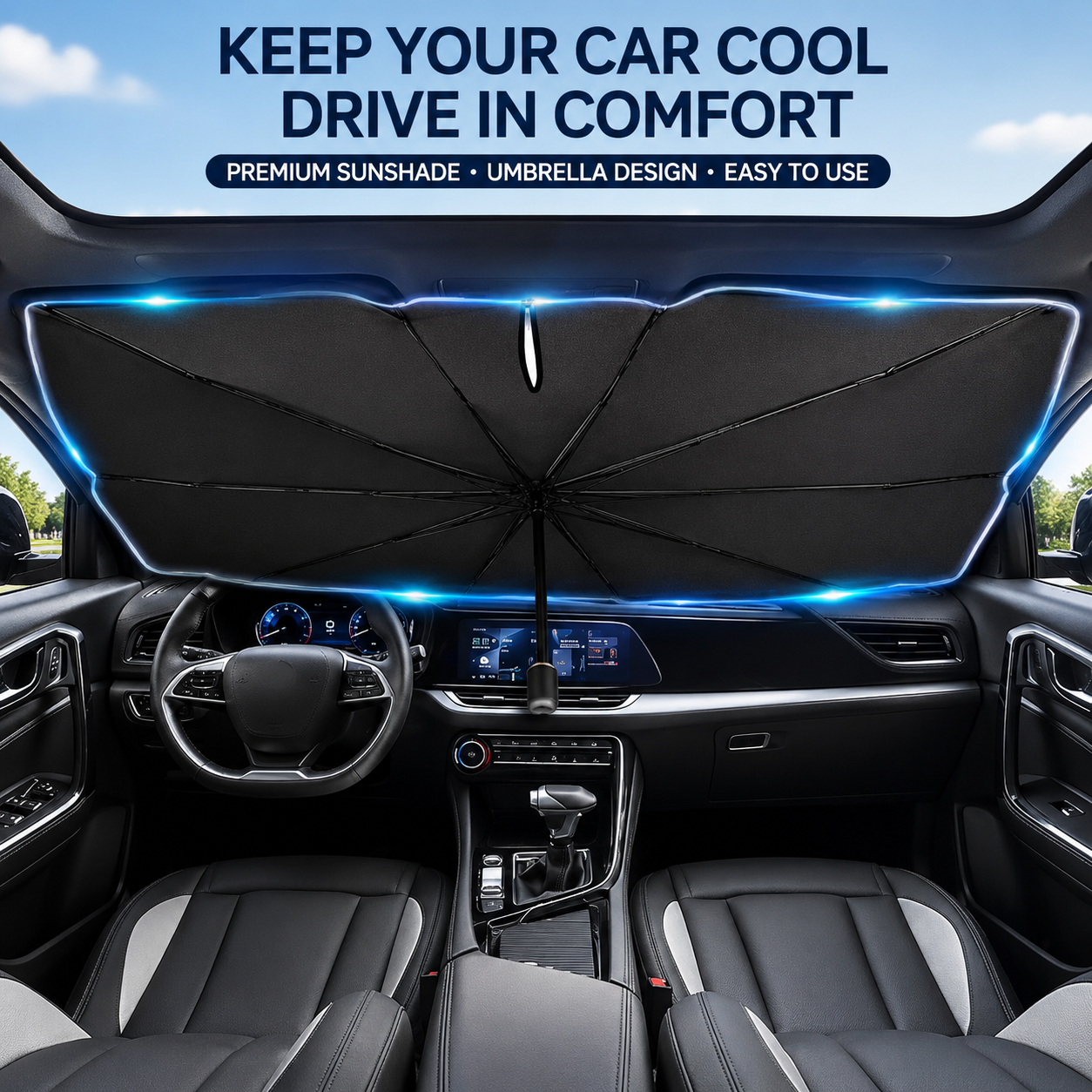 ☀️Car Sunshade – Effective Heat Insulation. UV Block & Easy Foldable Auto Windshield Protector