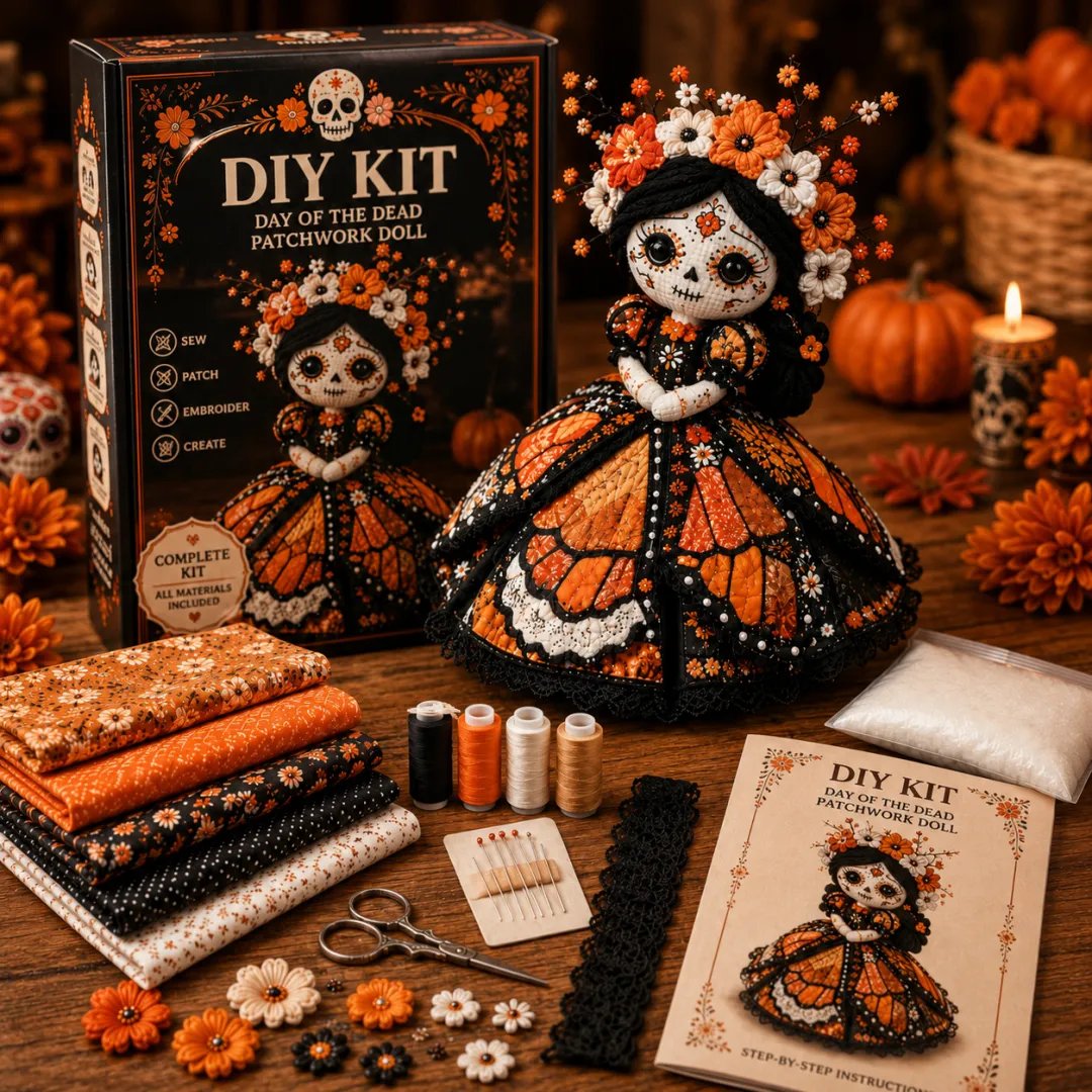 Monarch Butterfly Skirt Day of the Dead patchwork doll sewing kit