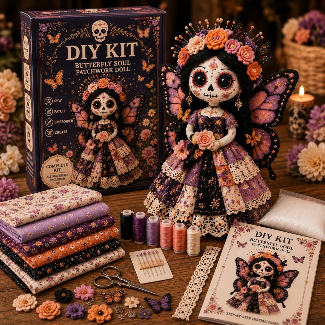 Purple Butterfly Soul Day of the Dead patchwork doll sewing kit