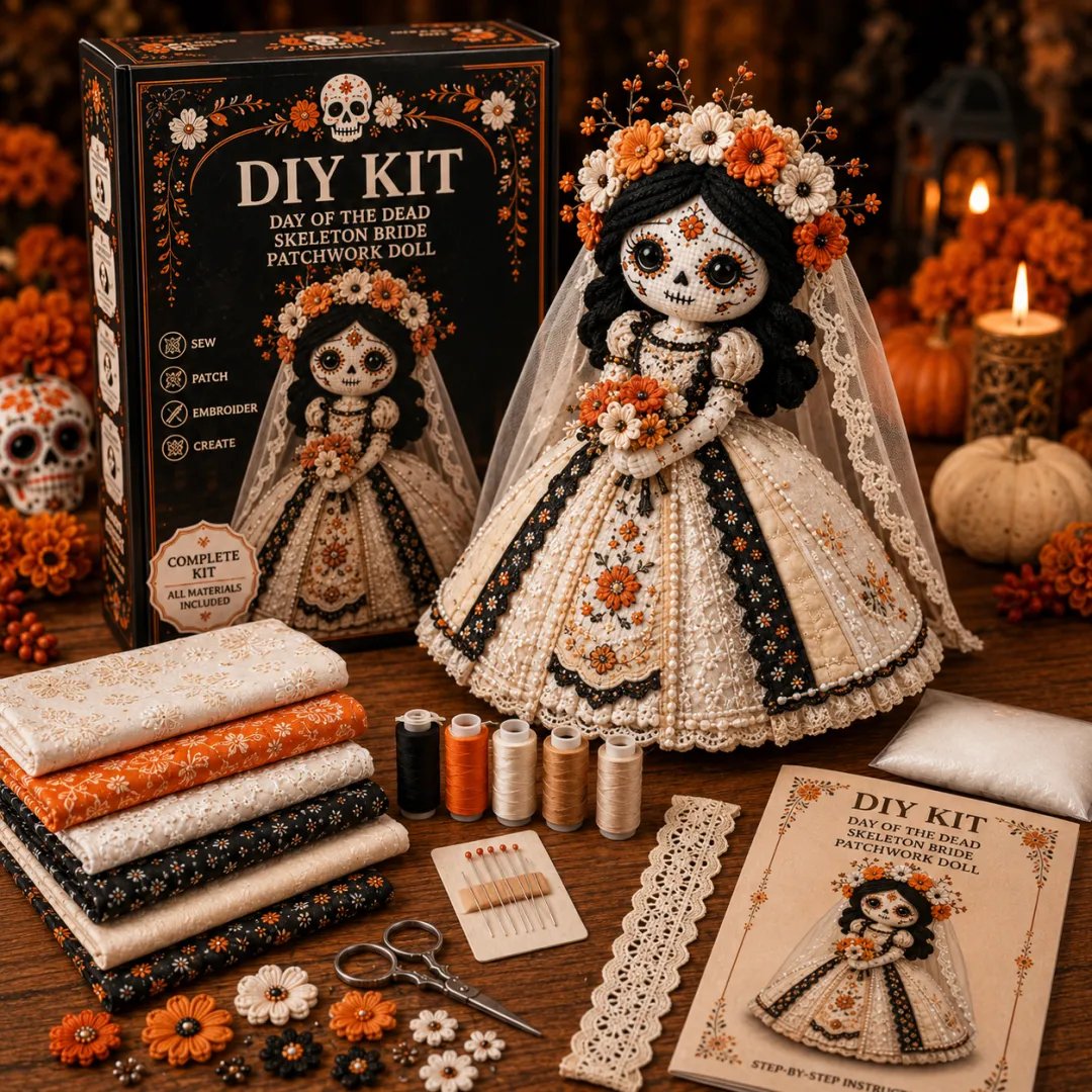 Skeleton Bride Day of the Dead patchwork doll sewing kit