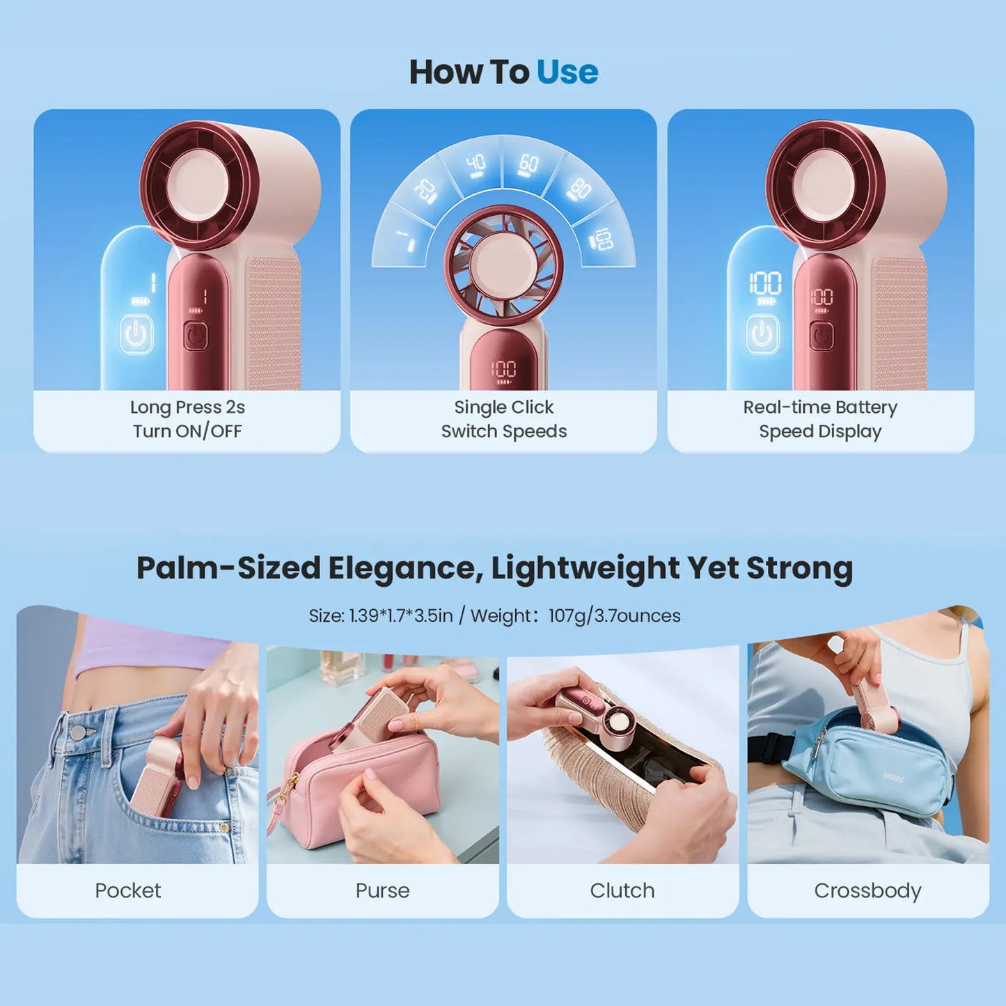 ❄️ Small Enough for Your Pocket, Powerful Enough for Summer – 6-Speed Handheld Fan