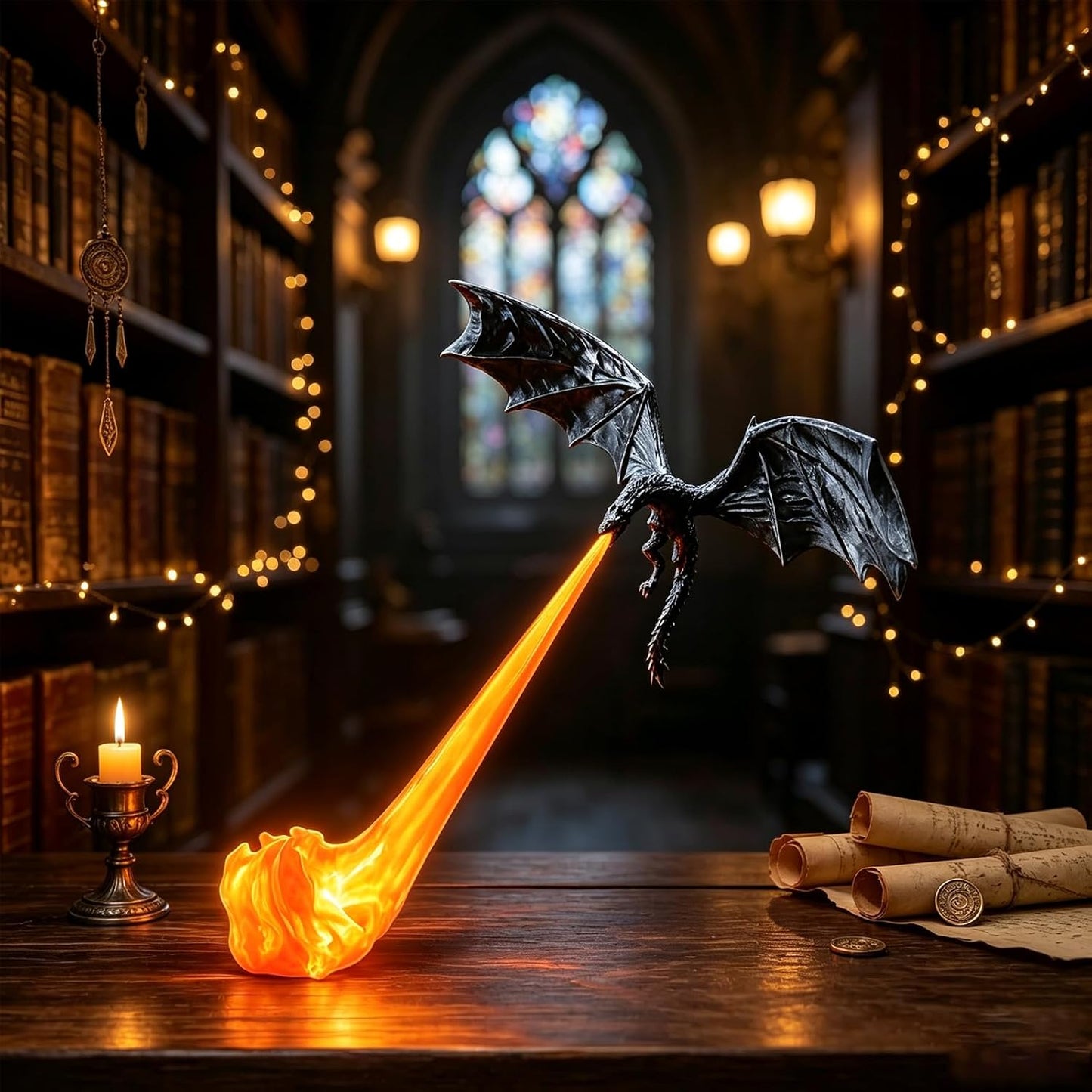 Black dragon bookshelf nook light with red flame main image