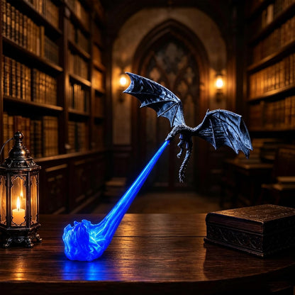 Dragon bookshelf light blue flame fantasy scene reference