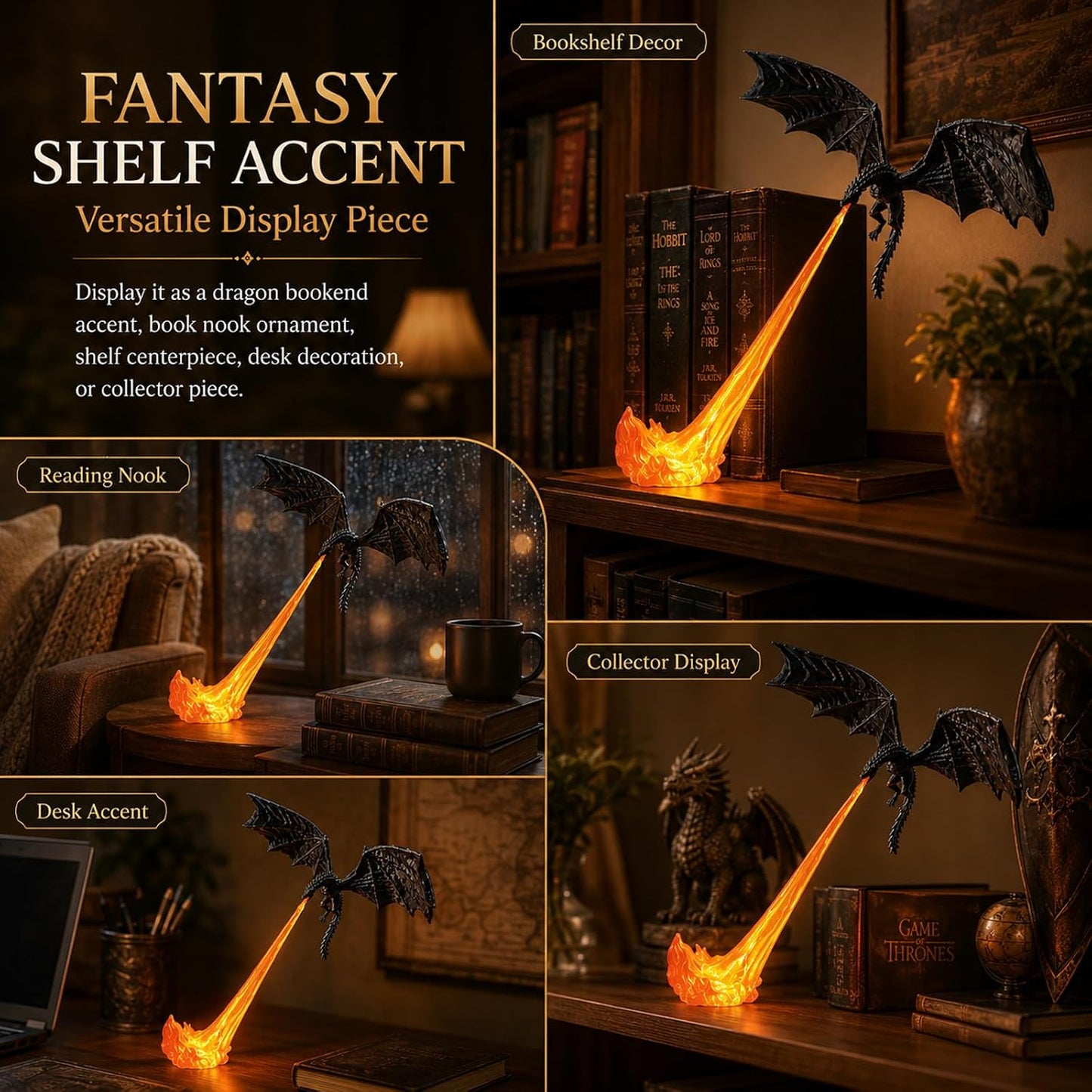 Dragon bookshelf light fantasy shelf display scenes