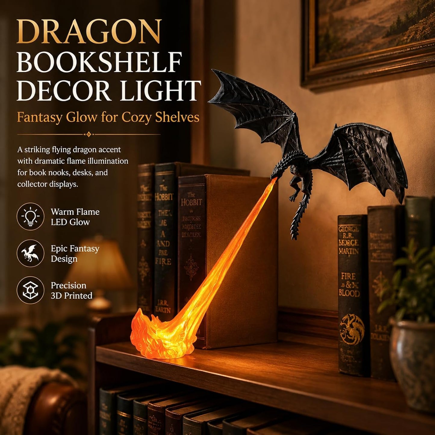 Dragon bookshelf decor light fantasy glow scene