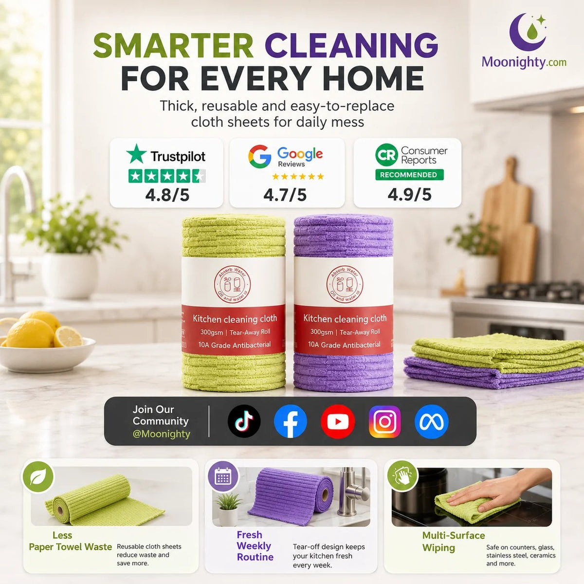 💯 Multipurpose Reusable Tear-Off Cleaning Cloth Roll